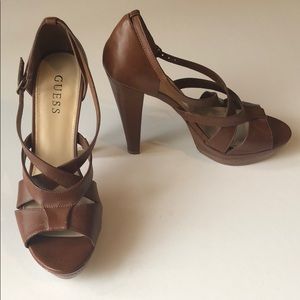 Guess leather cognac strappy heels size 8.5